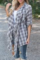 Oasap Simple Plaid Fringed High Low Open Front Cardigan