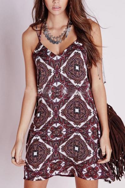 Oasap Vintage Baroque Print Backless Spaghetti Strap Dress
