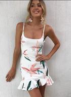 Oasap Fashion Sexy Floral Printed Flounce Strap Backless Bodycon Dress