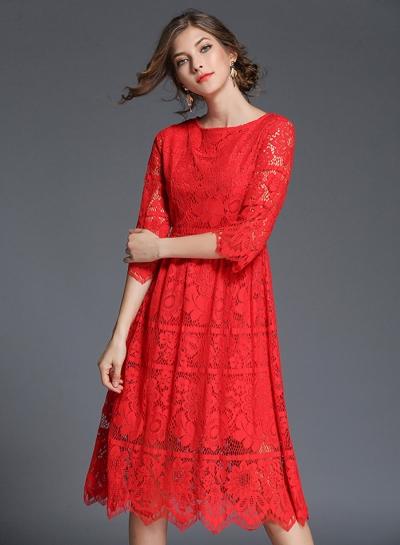 Oasap Fashion 3/4 Sleeve Lace Midi Pleated Dress