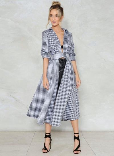 Oasap Fashion Long Sleeve V Neck Plaid Maxi Shirt Dress
