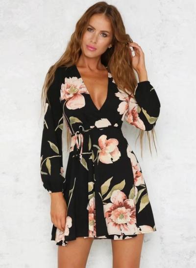 Oasap Fashion V Neck Long Sleeve Floral A-line Dress