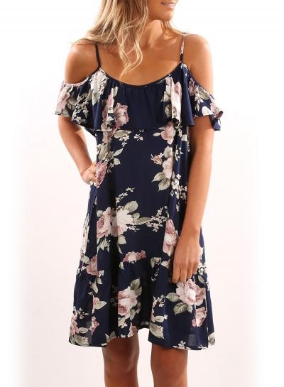 Oasap Spaghetti Strap Off Shoulder Short Sleeve Ruffle Floral Dress
