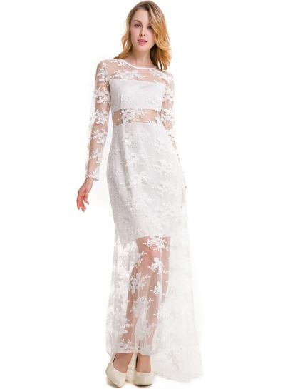 Oasap Long Sleeve Embroidered Mesh Maxi Evening Dress