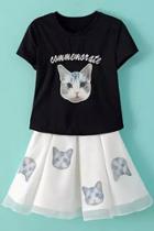 Oasap Black Cat Print Tee Skater Skirt Matching Sets