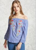 Oasap Fashion Striped Flower Embroidery Blouse With Slash Neck