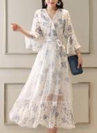 Oasap Fashion Sweet Floral Printed Long Flare Sleeve V Neck Maxi Dress