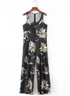 Oasap Round Neck Sleeveless Print High Waist Jumpsuit