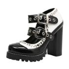 Oasap Color Block Rivet Round Toe Block Heels Buckle Strap Shoes
