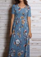 Oasap Floral Short Sleeve Maxi Pleated Dress