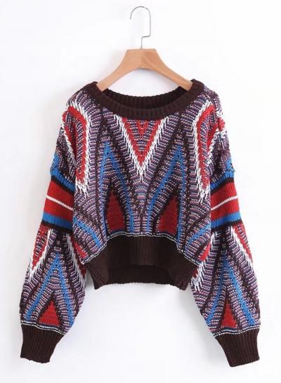 Oasap Round Neck Lantern Sleeve Color Splicing Sweater