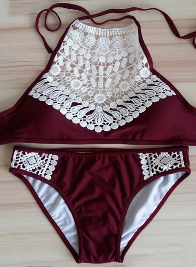 Oasap Halter Neck Sleeveless Lace Splciing Bikini Swimwear