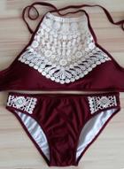 Oasap Halter Neck Sleeveless Lace Splciing Bikini Swimwear
