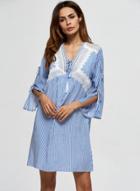 Oasap Lace Trimming V Neck Striped Dress