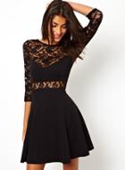 Oasap Round Neck Three Quarter Length Sleeve Backless Lace Dress