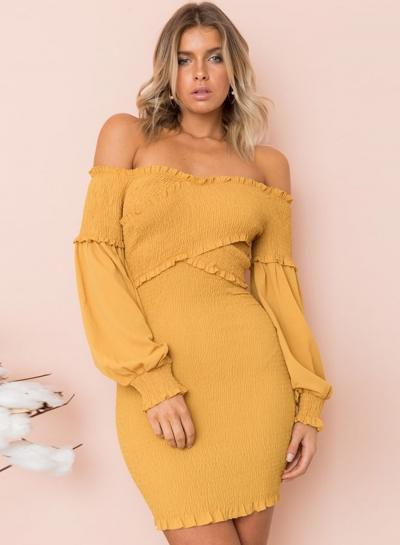 Oasap Slash Neck Long Sleeve Solid Color Mini Dress
