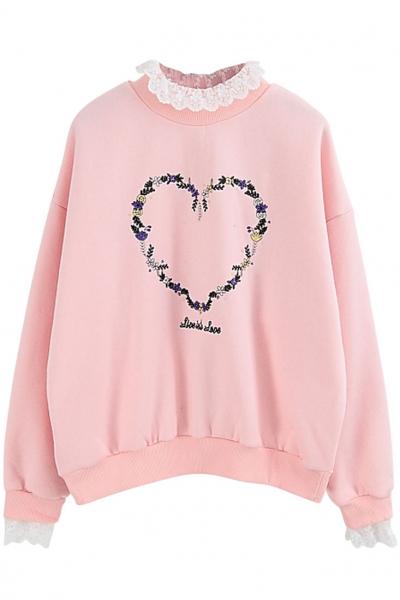Oasap Sweetheart Lace Neckline Sweatshirt