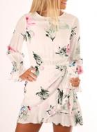 Oasap Round Neck Backless Flare Sleeve Floral Print Dress