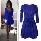 Oasap V Neck Long Sleeve Bow Detail A-line Dress