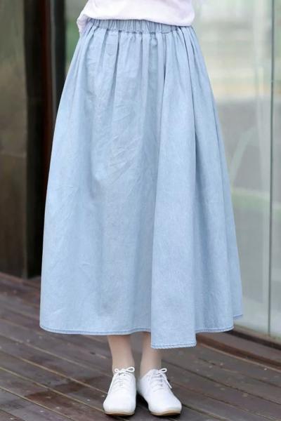 Oasap Classic Pleated Denim Midi Skirt