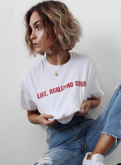 Oasap Round Neck Letter Printed Short Sleeve Tee