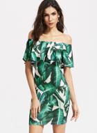 Oasap Off Shoulder Ruffle Leaf Printed Bodycon Dress