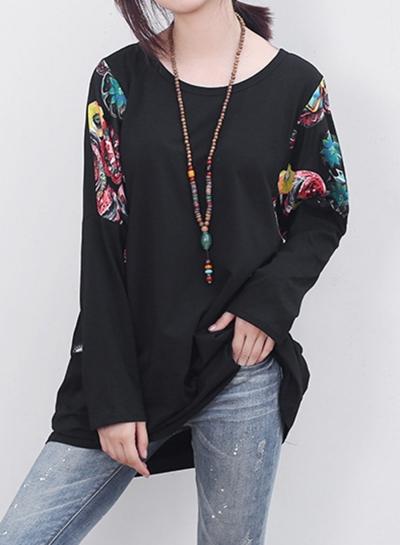 Oasap Round Neck Batwing Sleeve Floral Printed Tee Shirt