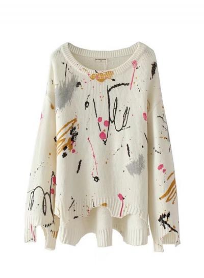 Oasap Painted Print Round Neck Long Sleeve Knit Sweater