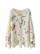 Oasap Painted Print Round Neck Long Sleeve Knit Sweater
