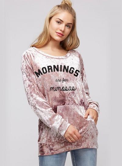 Oasap Fashion Letter Printed Velvet Tee With Pocket