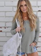 Oasap Long Sleeve Solid Color Pullover Buttons Sweater