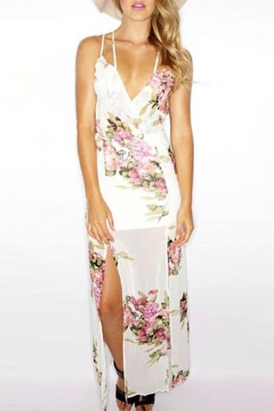 Oasap Floral Print Deep V Spaghetti Strap Slit Dress