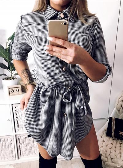 Oasap Turn Down Collar Three Quarter Length Sleeve Plaid Dress