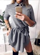 Oasap Turn Down Collar Three Quarter Length Sleeve Plaid Dress