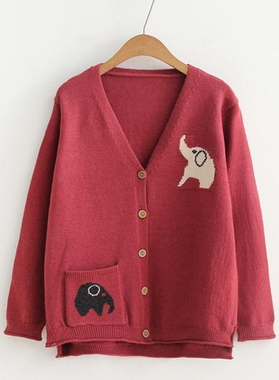 Oasap V Neck Single Breasted Elephant Printed Cardigan