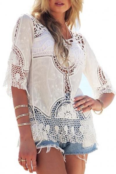 Oasap Stylish Hollow Out Embroidery Decoration Blouse