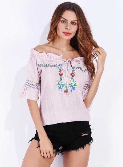 Oasap Off Shoulder Half Sleeve Floral Embroidery Blouse
