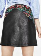 Oasap Floral Embroidery Pu A-line Skirt