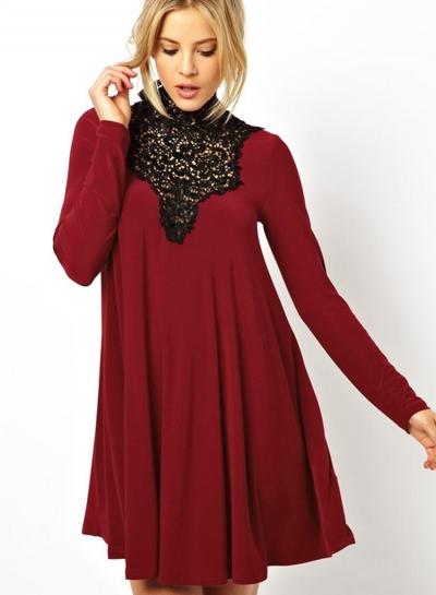 Oasap Lace Paneled High Neck Keyhole Back Dress