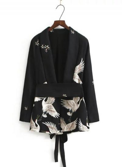 Oasap Turn Down Collar Belt Decoration Printed Coat