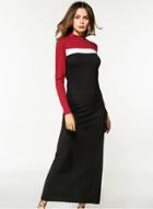 Oasap Round Neck Long Sleeve Color Splicing Maxi Dress
