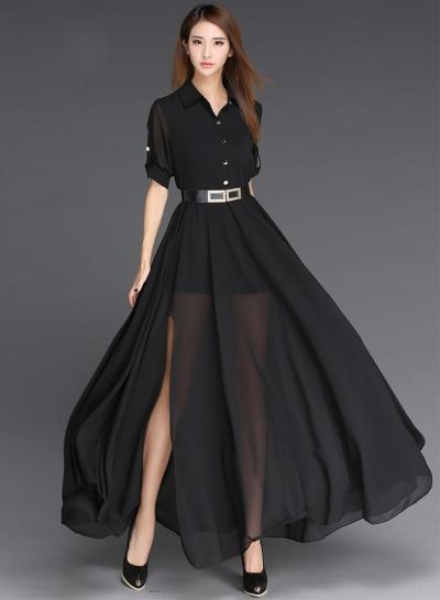 Oasap Solid High Slit Maxi Chiffon Dress With Belt