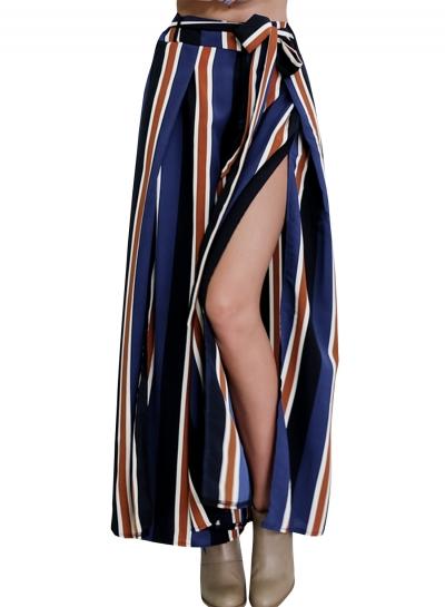 Oasap Women Color Block High Slit Tie Waist Wide-leg Pants