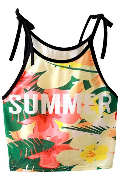 Oasap Summer Graphic Lace-up Spaghetti Strap Crop Top
