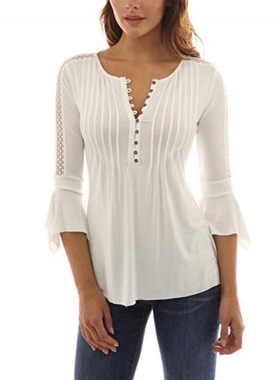 Oasap Casual 3/4 Sleeve Button Front Solid Pullover Blouse