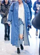 Oasap Fashion Solid Long Sleeve Denim Trench Coat With Belt