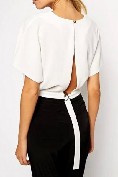 Oasap White High Fashion Back Slit Crop Blouse