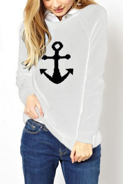 Oasap Sweet Anchor Print Round Neck Knit Tee