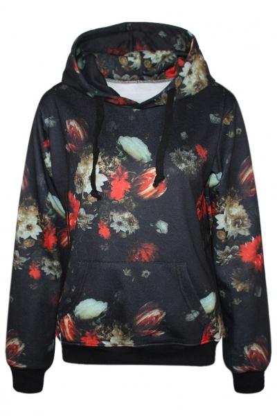 Oasap Vintage Black Floral Print Hoodie