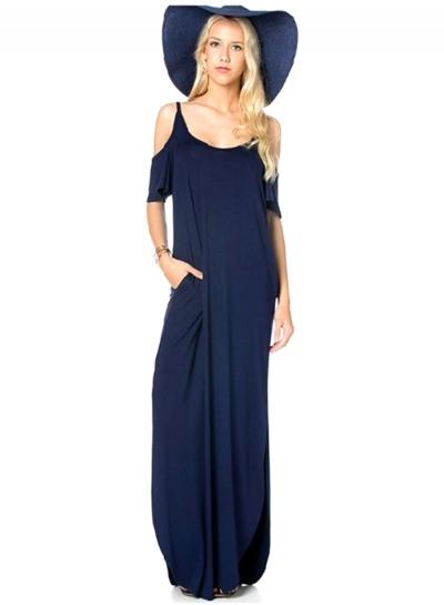 Oasap Navy Cold Shoulder Pleated Maxi Dress